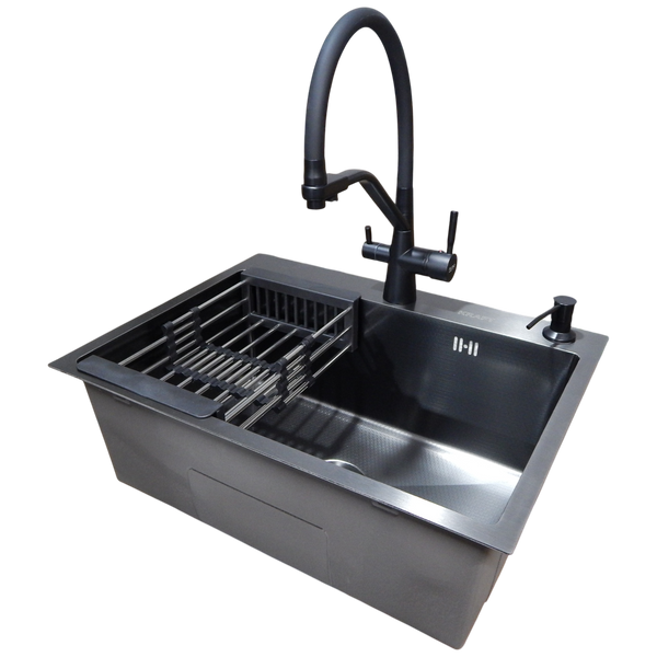 Комплект кухонної мийки Kraft NANO BLACK PVD HS60*45 Декор (3.0/1.0 мм)+Смеситель для кухни с подключением к фильтру Pllen&oacute; Lazio ST19 nero SM20870 фото