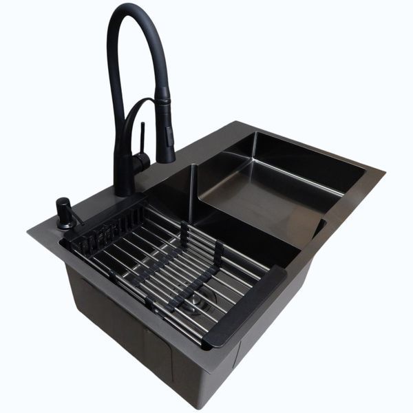 Комплект кухонной мойки Kraft&nbsp;HM&nbsp;NANO BLACK - 7848ALB&nbsp;PVD&nbsp;(3.0/1.0 мм) S3761 фото