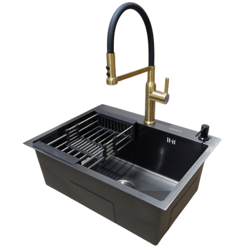 Комплект кухонной мойки Kraft NANO BLACK PVD Декор-соти HS60*45 (3.0/1.0 мм)+Змішувач для кухні Kroner KRP Ersel - GBG03112BLK S3762 фото