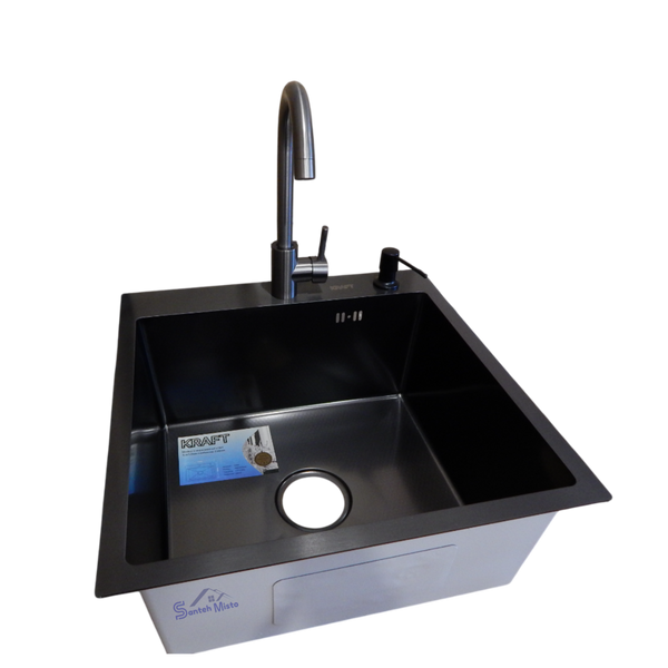 Комплект кухонной мойки Kraft HM 50х50 NANO BLACK (DECOR) PVD (3.0/1.0 мм) S3601 фото