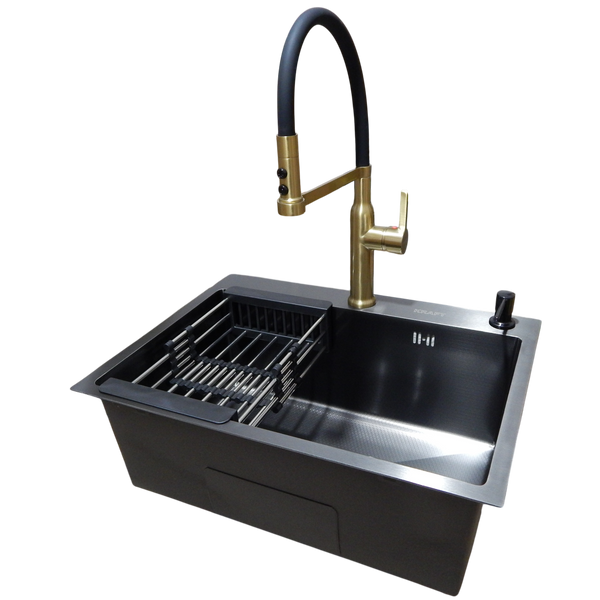 Комплект кухонной мойки Kraft NANO BLACK PVD Декор-соти HS60*45 (3.0/1.0 мм)+Змішувач для кухні Kroner KRP Ersel - GBG03112BLK S3762 фото
