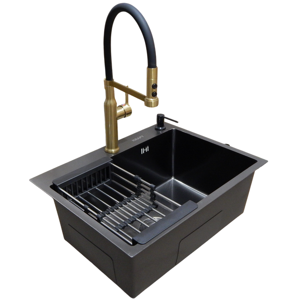 Комплект кухонной мойки Kraft NANO BLACK PVD Декор-соти HS60*45 (3.0/1.0 мм)+Змішувач для кухні Kroner KRP Ersel - GBG03112BLK S3762 фото