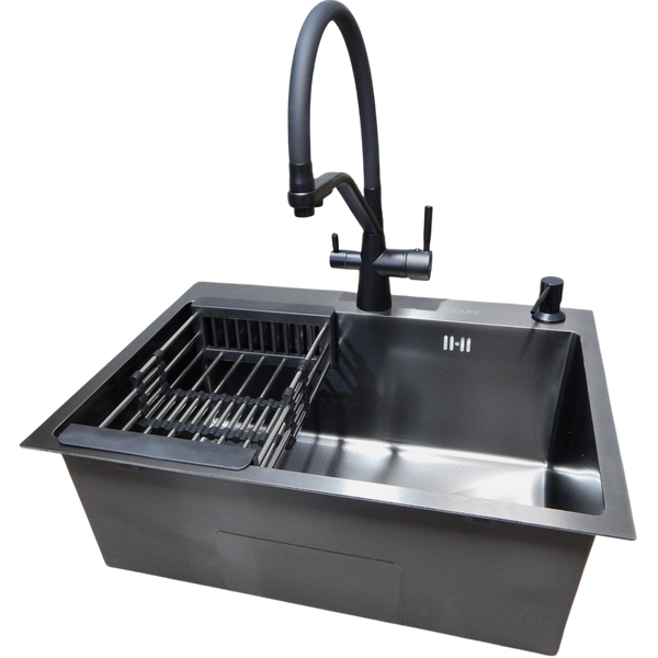Комплект кухонної мийки Kraft NANO BLACK PVD HS 540х480мм (3.0/1.0 мм)+Змішувач для кухні з підключенням до фільтра Pllen&oacute; Lazio ST19 nero S2406 фото