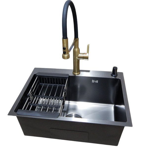 Комплект кухонной мойки Kraft NANO BLACK PVD Декор-соти HS60*45 (3.0/1.0 мм)+Змішувач для кухні Kroner KRP Ersel - GBG03112BLK S3762 фото