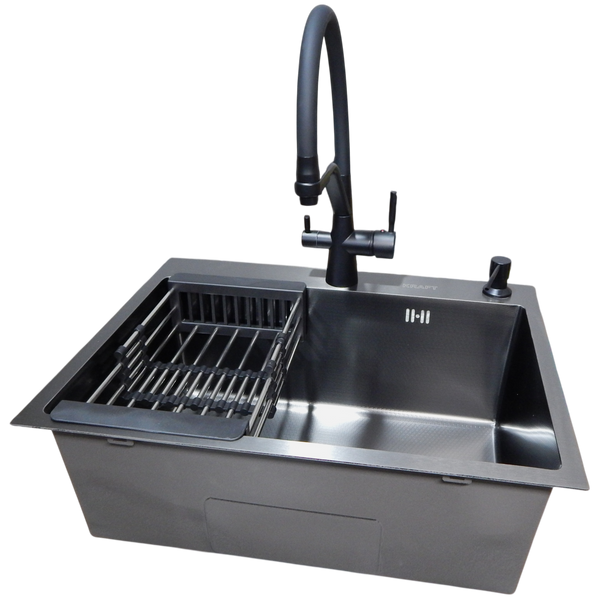 Комплект кухонної мийки Kraft NANO BLACK PVD HS 540х480мм (3.0/1.0 мм)+Змішувач для кухні з підключенням до фільтра Pllen&oacute; Lazio ST19 nero S2406 фото