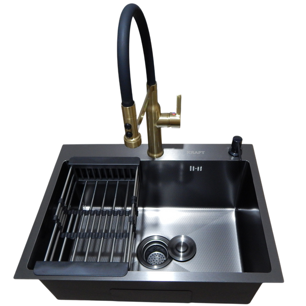 Комплект кухонной мойки Kraft NANO BLACK PVD Декор-соти HS60*45 (3.0/1.0 мм)+Змішувач для кухні Kroner KRP Ersel - GBG03112BLK S3762 фото