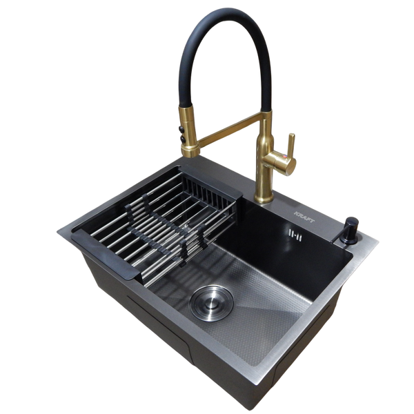 Комплект кухонной мойки Kraft NANO BLACK PVD Декор-соти HS60*45 (3.0/1.0 мм)+Змішувач для кухні Kroner KRP Ersel - GBG03112BLK S3762 фото