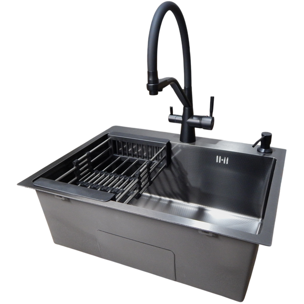 Комплект кухонної мийки Kraft NANO BLACK PVD HS 540х480мм (3.0/1.0 мм)+Змішувач для кухні з підключенням до фільтра Pllen&oacute; Lazio ST19 nero S2406 фото