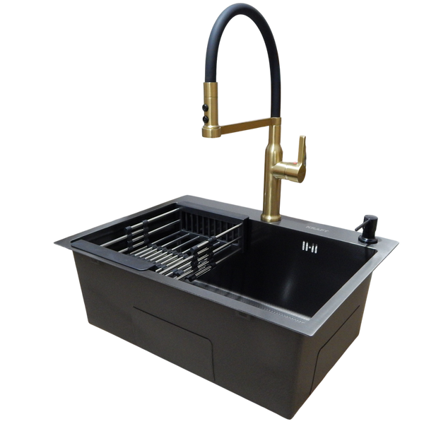 Комплект кухонной мойки Kraft NANO BLACK PVD Декор-соти HS60*45 (3.0/1.0 мм)+Змішувач для кухні Kroner KRP Ersel - GBG03112BLK S3762 фото