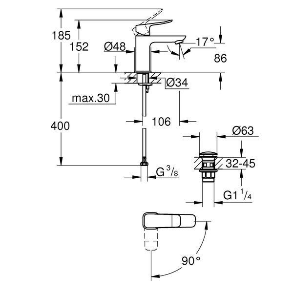 Змішувач для раковини Grohe QuickFix Dice ES S-Size 1018610000 з донним клапаном CV036203 фото