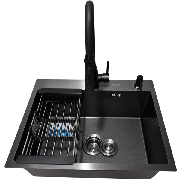 Комплект кухонной мойки Kraft NANO BLACK PVD HS60*45 декор (3.0/1.0 мм)+Змішувач для кухні Kroner KRP Ersel - SCH03393BLK S4870 фото