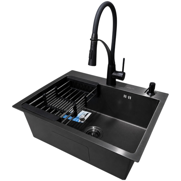 Комплект кухонной мойки Kraft NANO BLACK PVD HS60*45 декор (3.0/1.0 мм)+Змішувач для кухні Kroner KRP Ersel - SCH03393BLK S4870 фото