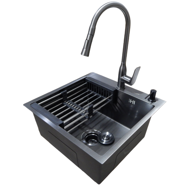 Комплект кухонной мойки Kraft HM 50х50 NANO BLACK (DECOR) PVD (3.0/1.0 мм) S4460 фото