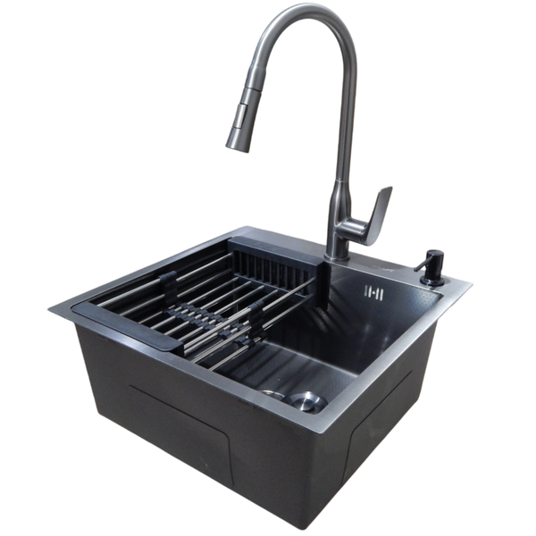 Комплект кухонной мойки Kraft HM 50х50 NANO BLACK (DECOR) PVD (3.0/1.0 мм) S4460 фото