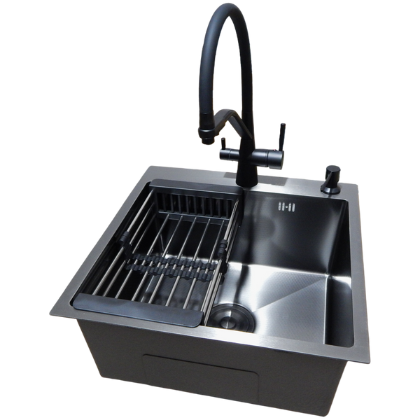 Комплект кухонної мийки Kraft NANO BLACK PVD HS 500х500мм (3.0/1.0 мм)+Змішувач для кухні з підключенням до фільтра Pllen&oacute; Lazio ST19 nero S6220 фото
