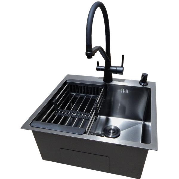 Комплект кухонної мийки Kraft NANO BLACK PVD HS 500х500мм (3.0/1.0 мм)+Змішувач для кухні з підключенням до фільтра Pllen&oacute; Lazio ST19 nero S6220 фото