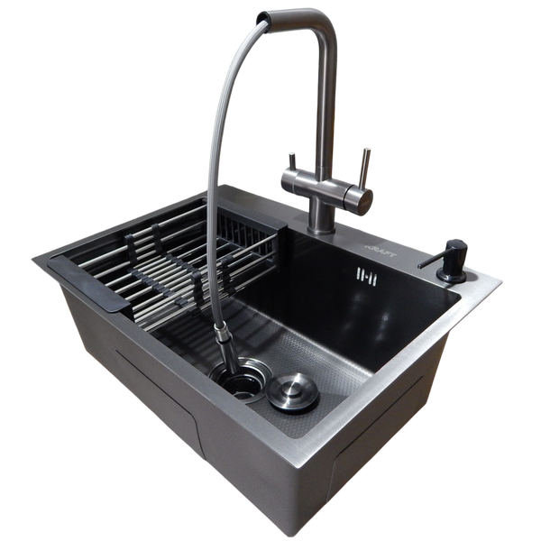 Комплект кухонной мойки Kraft NANO BLACK PVD HS60*45 (3.0/1.0 мм) декор S3764 фото