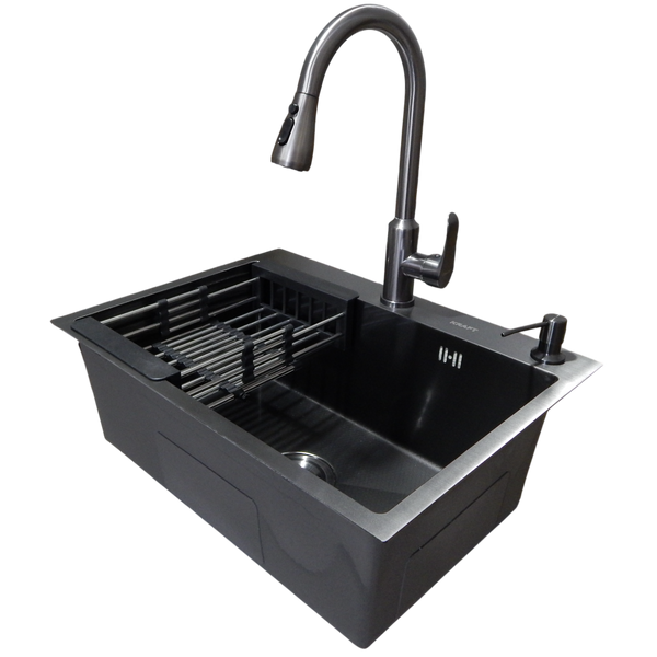 Комплект кухонної мийки Kraft NANO BLACK PVD 600х450 (3.0/1.0 мм) декор S6331 фото