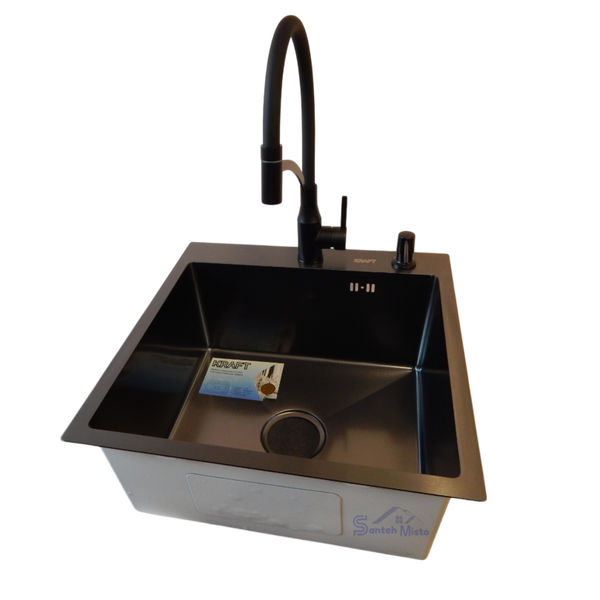 Комплект кухонної мийки Kraft HM 50х50 NANO BLACK (DECOR) PVD (3.0/1.0 мм) S4804 фото