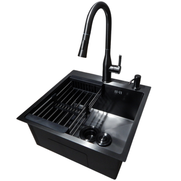 Комплект кухонной мойки Kraft HM 50х50 NANO BLACK PVD (3.0/1.0 мм) DEKOR S3666 фото