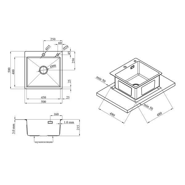 Комплект кухонная мойка Kroner Schwarze-5050HM PVD + смеситель Ersel-GRP03393BLK + дозатор Spender-026 CVS30145 фото