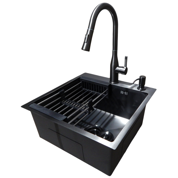 Комплект кухонної мийки Kraft HM 50х50 NANO BLACK PVD (3.0/1.0 мм) DEKOR S3666 фото