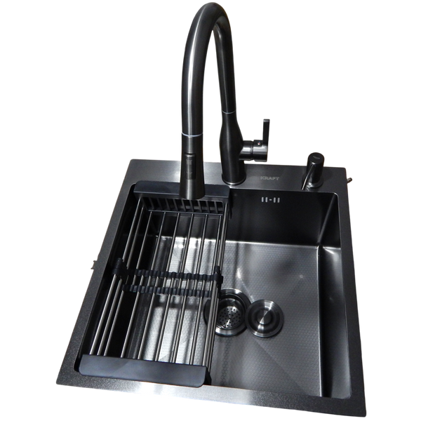 Комплект кухонної мийки Kraft HM 50х50 NANO BLACK PVD (3.0/1.0 мм) DEKOR S3666 фото
