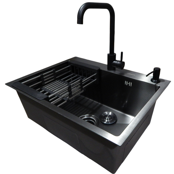 Комплект кухонной мойки Kraft NANO BLACK PVD HS60*45 (3.0/1.0 мм) Decor S3565 фото