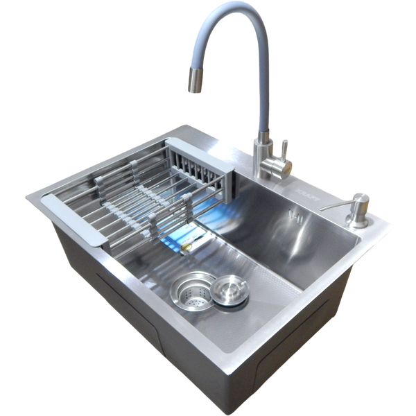 Комплект кухонної мийки Kraft KRF 6045 DECOR (3.0/1.0 мм)+Змішувач для кухні з гнучким виливом Kroner KRP Edelstahl Klassisch - ESG035GRA S20593 фото