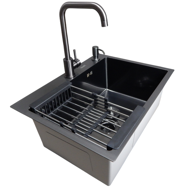 Комплект кухонної мийки KRAFT Handmade PVD чорна HS60*45 (3.0/1.0 мм) DEKOR S3667 фото