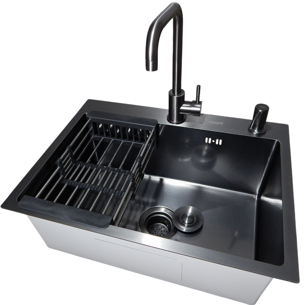 Комплект кухонної мийки KRAFT Handmade PVD чорна HS60*45 (3.0/1.0 мм) DEKOR S3667 фото