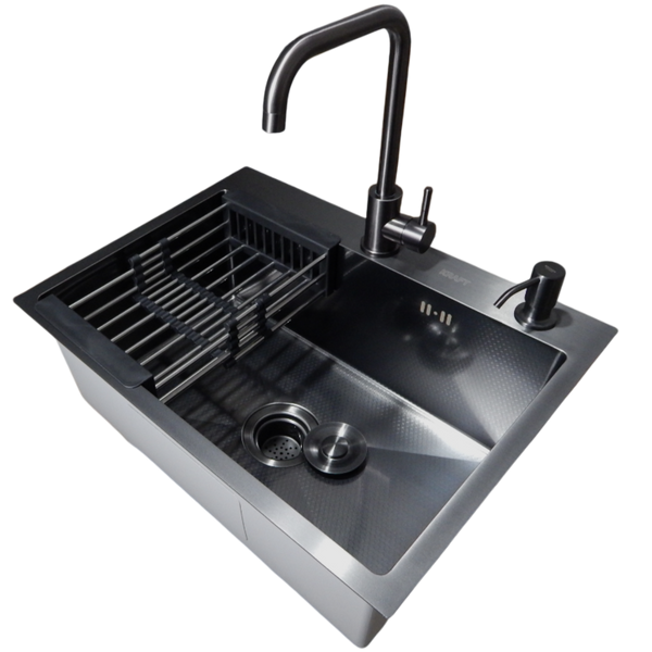 Комплект кухонної мийки KRAFT Handmade PVD чорна HS60*45 (3.0/1.0 мм) DEKOR S3667 фото