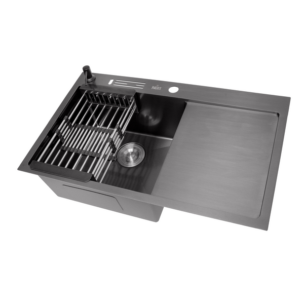 Чорна мийка для кухні з крилом із неіржавкої сталі накладна Nett NB-7848 1425703754 фото