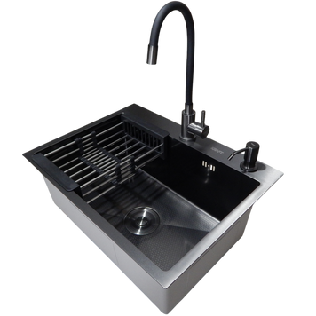 Комплект кухонной мойки Kraft NANO BLACK PVD HS60*45 (3.0/1.0 мм) декор S3670 фото