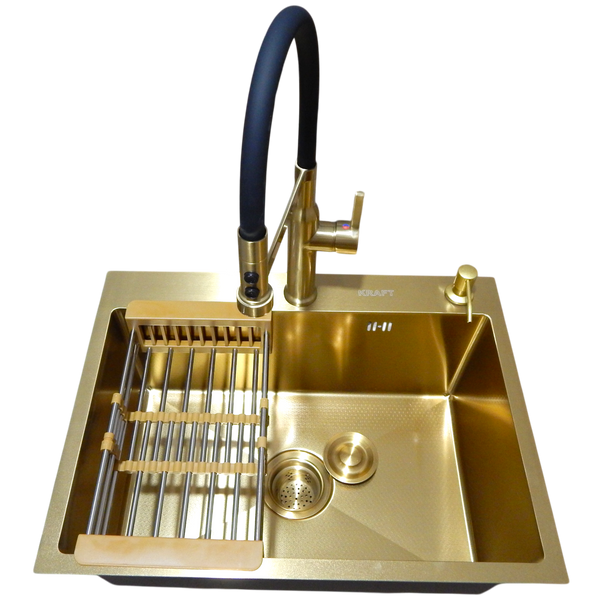 Комплект кухонной мойки Kraft NANO GOLD PVD HS 540х480 (3.0/1.0 мм) декор SM20496 фото