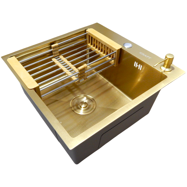 Комплект кухонной мойки Kraft NANO GOLD PVD HS 540х480 (3.0/1.0 мм) декор SM20496 фото