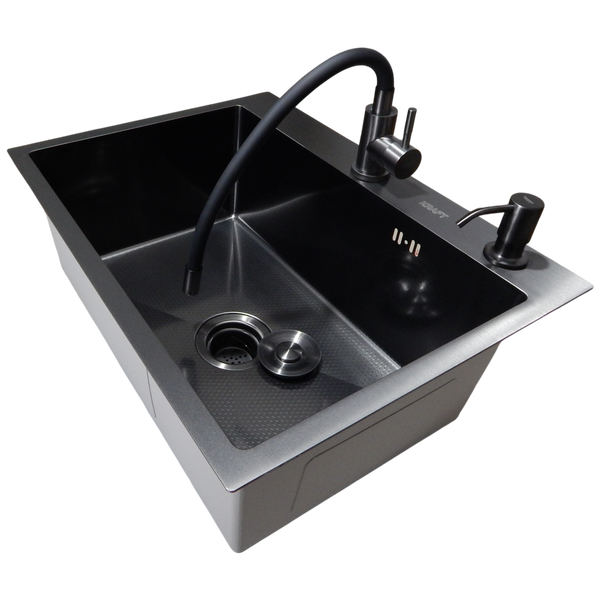 Комплект кухонної мийки Kraft NANO BLACK PVD HS60*45 (3.0/1.0 мм) декор S3670 фото