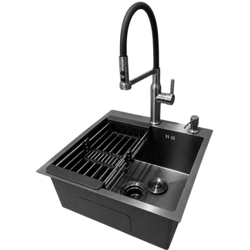 Комплект кухонной мойки Kraft NANO BLACK PVD Декор-соти HS 500х500 (3.0/1.0 мм)+Змішувач для кухні з гнучким виливом Pllen&oacute; Lazio PVD ST07 Grafite S4953 фото