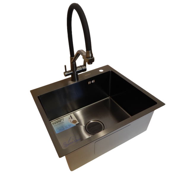 Комплект кухонной мойки Kraft HM 50х50 NANO BLACK PVD (3.0/1.0 мм) S4836 фото
