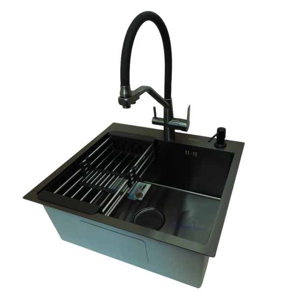 Комплект кухонной мойки Kraft HM 50х50 NANO BLACK PVD (3.0/1.0 мм) S4836 фото