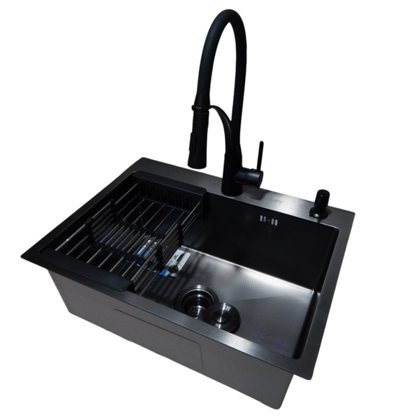 Комплект кухонной мойки Kraft NANO BLACK PVD HS60*45 (3.0/1.0 мм) декор S4986 фото