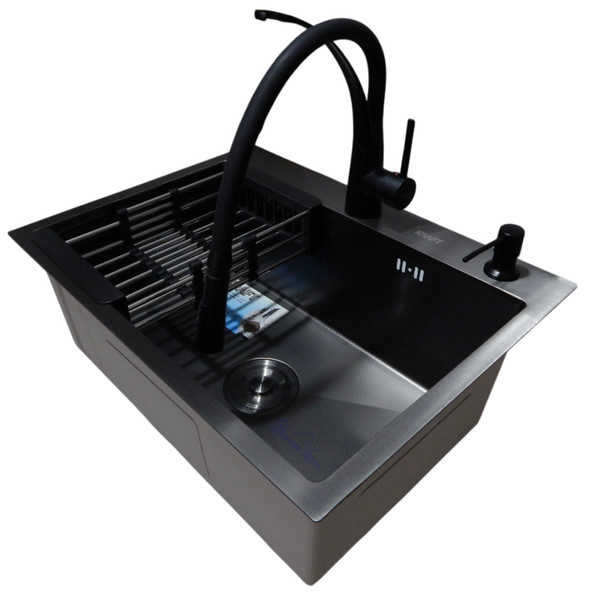 Комплект кухонной мойки Kraft NANO BLACK PVD HS60*45 (3.0/1.0 мм) декор S4986 фото