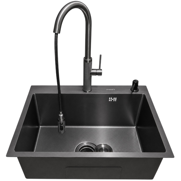 Комплект кухонної мийки Kraft NANO BLACK PVD Декор HS60*45 (3.0/1.0 мм)+Змішувач для кухні з висувним шлангом S4986 фото