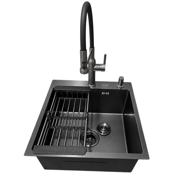 Комплект кухонной мойки Kraft NANO BLACK PVD Декор-соти HS 500х500 (3.0/1.0 мм)+Змішувач для кухні з гнучким виливом Pllen&oacute; Lazio PVD ST07 Grafite S4953 фото