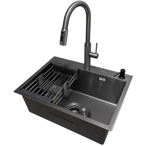 Комплект кухонної мийки Kraft NANO BLACK PVD Декор HS60*45 (3.0/1.0 мм)+Змішувач для кухні з висувним шлангом S4986 фото
