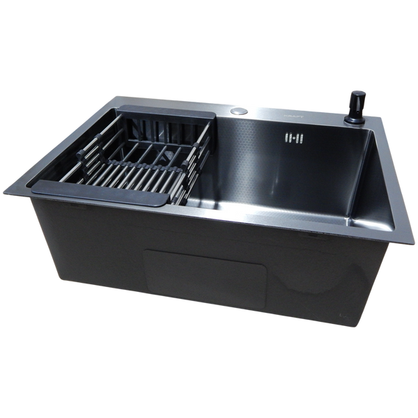 Комплект кухонної мийки Kraft NANO BLACK PVD Декор HS60*45 (3.0/1.0 мм)+Змішувач для кухні з висувним шлангом S4986 фото