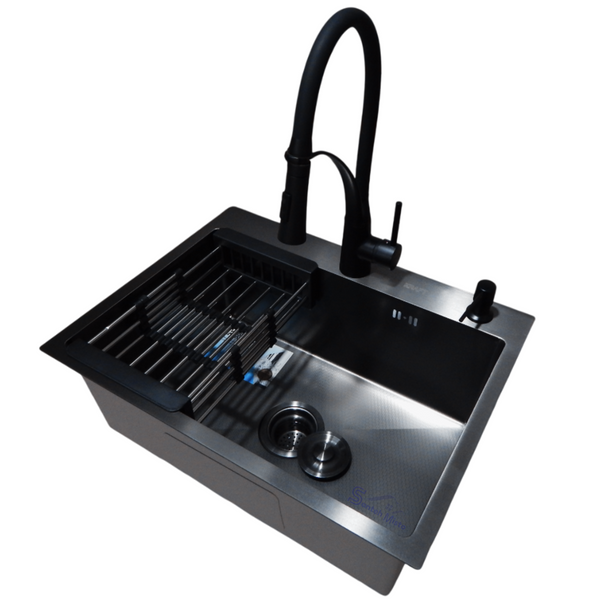Комплект кухонной мойки Kraft NANO BLACK PVD HS60*45 (3.0/1.0 мм) декор S4986 фото