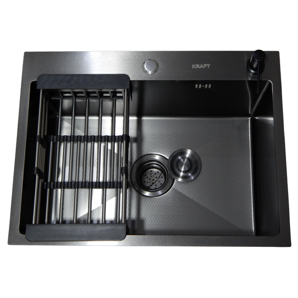 Комплект кухонної мийки Kraft NANO BLACK PVD Декор HS60*45 (3.0/1.0 мм)+Змішувач для кухні з висувним шлангом S4986 фото