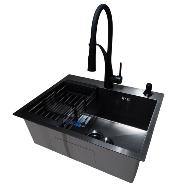Комплект кухонной мойки Kraft NANO BLACK PVD HS60*45 (3.0/1.0 мм) декор S4986 фото