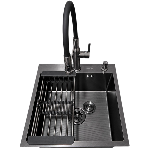Комплект кухонной мойки Kraft NANO BLACK PVD Декор-соти HS 500х500 (3.0/1.0 мм)+Змішувач для кухні з гнучким виливом Pllen&oacute; Lazio PVD ST07 Grafite S4953 фото